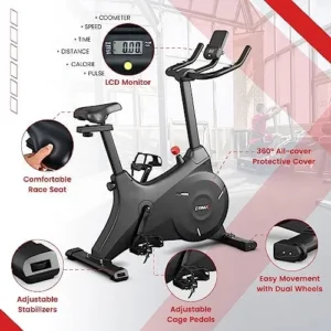 GYMAX Exercise Bike, Magnetic Resistance Stationary Bike with LCD Monitor, iPad Holder, Adjustable & Comfortable Seat, Silent Belt Drive Indoor Cycling Bike for Home Gym Workout Fitness Equipment