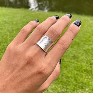 Hammered Sterling Silver Handmade Wide Band Ring, Classic Shiny Finish Wrap Band, Adjustable to Sizes 6-12, Can fit Also as Thumb ring, Gift for Her