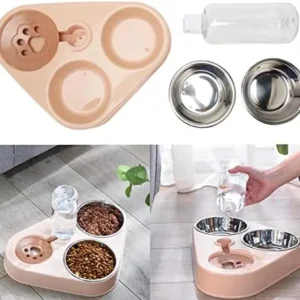 HEEPDD Triple Dog Cat Bowls, Water Feeding & Watering Supplies Automatic Feeders and Food Bowl Set Prevent Spill Triple Cat Bowls with Automatic Water Bottle Detachable Puppy Feeder