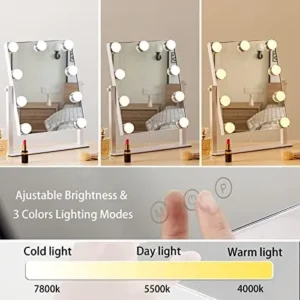 HIEEY Hollywood Vanity Mirror with 9 Dimmable Bulbs Lights, Three Color Lighting Modes, and 5X Magnification, Smart Touch Control, 360°Rotation (White,Gift Box)