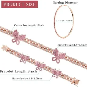 Hinly 3 Pieces Butterfly Cuban Jewelry Set Cuban Link Chain Necklace for Women Rhinestone Butterfly Pendant Necklace Rhinestone Butterfly Bracelet Large Hoop Earrings Bling Earrings