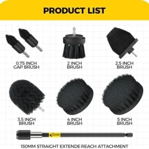 Holikme 8 Piece Drill Brush Attachments Set, Power Scrubber Brush with Extend Long Attachment，Cleaning Supplies，Scrub Brush，Shower Scrubber，Bathtub, Bathroom, Kitchen（Black）