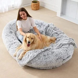 Homguava Large Human Dog Bed 75.5″x55″x12″ Human-Sized Big Dog Bed for Adults&Pets Giant Beanbag Bed with Washable Fur Cover,Blanket and Strap, Grey Plush