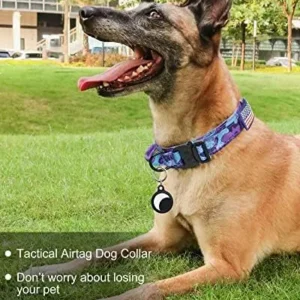 Hotsky Tactical Dog Collar, Adjustable Military Training Nylon Airtag Dog Collar with Handle and Heavy Duty Metal Buckle for Medium Large Dogs, with Airtag Holder and Two Patches（Purple Camo,L）