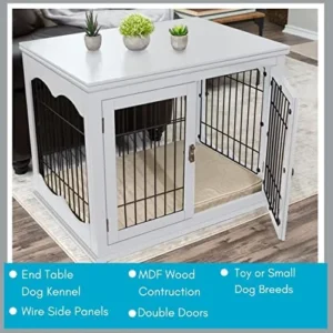 Internet’s Best Decorative Dog Kennel with Pet Bed | Small | Fits Small Dogs | Double Door | Indoor Pet Crate Engineered Wood & Wire Furniture House for Dogs| Side Table | Nightstand – White