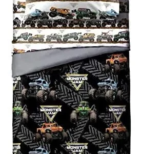 Jay franco Monster Jam Tracks 4 Piece Twin Bed Set – Includes Comforter & Sheet Set – Bedding Features Grave Digger & Megalodon – Super Soft Fade Resistant Microfiber (Official Monster Jam Product)