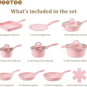 JEETEE Pink Pots and Pans Set Nonstick 23pcs, Healthy Kitchen Cookware Sets, Induction Cooking Set Pink Granite Stone Frying Pans, Saucepans, Sauté Pan, Griddle Pan & Crepe Pan (PFOA Free)