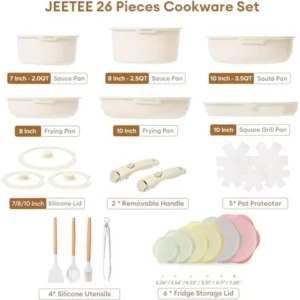 JEETEE Pots and Pans Set Non Stick 26pcs, Cookware Set with Removable Handle, Induction Kitchen Cooking Sets with Detachable Handle, RV Camping Stackable Pots Pans, Oven Safe, PFOA Free, Beige