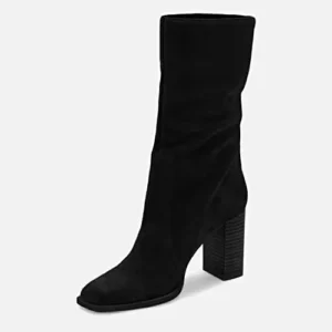 Juliet Holy Women’s Mid-calf Boots Chunky Stacked Heel Square Toe Side Zipper Slip-on Suede Winter Booties