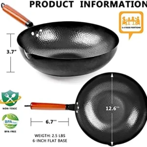 kaqinu Carbon Steel Wok Pan, 14 Piece Woks & Stir-Fry Pans Set with Wooden Lid Cookwares, No Chemical Coated Flat Bottom Chinese Pan for Induction, Electric, Gas, Halogen All Stoves – 12.6”