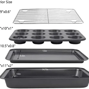 Kitcom Bakeware Sets Nonstick, Baking Pans Set with Roasting Pan, Cookie Sheet, 12-Cup Muffin Pan, Cooling Rack, Carbon Steel 4-Piece, Gray