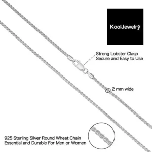 Kooljewelry 925 Sterling Silver Round Wheat Chain Necklace (1 mm, 1.5 mm, 2 mm or 2.6 mm) | Made in Italy