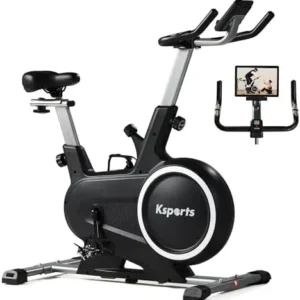 Ksports Home Magnetic Resistance Adjustable Cardio Exercise Stationary Bike for Home Gyms with LCD Screen, Straps, and Ab Mat, Black