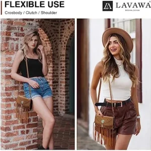 LAVAWA Small Crossbody Bags for Women Crossbody Handbag Fringe Purse Tassel Shoulder Bag Turquoise Concho Wallet