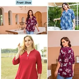 LIENRIDY Women’s Plus Size Tunic Tops 3/4 Roll Sleeves Blouses V Neck Henley Shirts M-4X