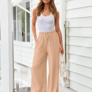 LILLUSORY Women’s Linen Summer Palazzo Pants Flowy Wide Leg Beach Pants with Pockets