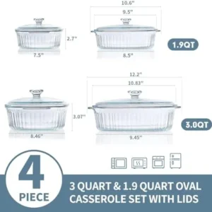 M MCIRCO 4-Piece Glass Casserole Baking Dish Set With Glass Lids, Deep Glass Bakeware Set, 1.9 Qt and 3 Qt Casserole Dishes, for Casseroles, Leftovers, Cooking, Kitchen, Freezer-to-Oven and Dishwasher