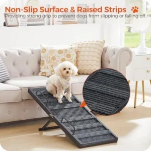 MAHANCRIS Dog Ramp for Bed, 39.8” Long Folding Pet Ramp,5 Adjustable Height from 11.6″ to 23.2″, Hold up to 110lb, Wooden Dog Stairs with Non Slip Mat & Safety Side Rails, Black and Gray DRHB1001