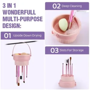 Makeup Brush Cleaner Mat 3 in 1 Silicone Makeup Brush Cleaner Bowl with Brush Drying Holder Cosmetic Brushes Cleaning Tool Organizer for Storage & Air Dry (Purple)…