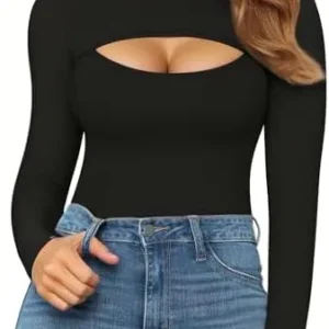 MANGOPOP Mock Neck Cutout Front T Shirt Long Sleeve Bodysuit for Women