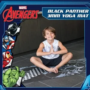 Marvel Black Panther Kids Yoga Mat Non Slip, All Purpose PVC Fitness and Workout Mat for Boys and Girls, Black, 3 mm