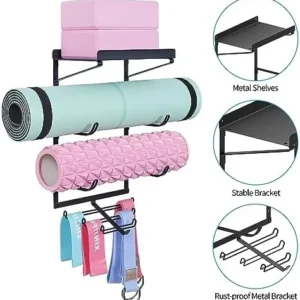 MAYZOLOP Yoga Mat Holder Wall Mount Yoga Mat Storage Rack Home Gym Accessories with 3 Sectional and 7 Hooks for Hanging Foam Roller and Resistance Bands at Fitness Class or Home Gym