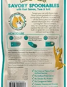 MEOWEE! Savory Spoonables with Real Salmon, Tuna & Krill, 4 Count Tube, Triple Flavor Squeezable Lickable Wet Treats for Cats with Built-in Spoon for Less Mess