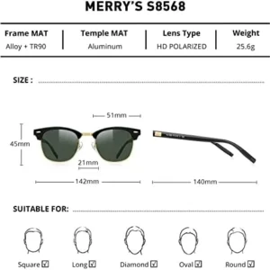 MERRY’S Unisex Polarized Aluminum Sunglasses for Men Women Semi Rimless Retro Brand Driving Sun Glasses