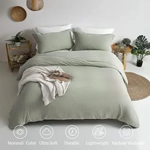 MILDLY Queen Duvet Cover – 100% Washed Microfiber Super Soft October Mist Sage Comforter Cover Set 3 Pieces Bedding Set with Zipper Closure & Corner Ties