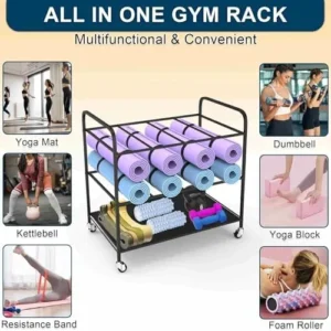 MOUMISS Yoga Mat Rack Storage on Wheels Yoga Mat Storage Cart Basket Home Gym Storage Organizer Rack Equipment Weight Rack for Yoga Block,Foam Roller,Resistance Band,Dumbbell,Kettlebell