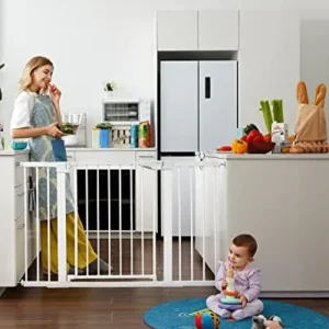 Mumeasy Baby Gate Extra Wide, 29.5″- 51.5″ Pressure Mounted Dog Gate with Walk Through Door, Auto Close Pet Gate for Stairs,Doorways,House