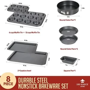 NARCE 8-Piece Nonstick Bakeware Set | Chef Favorites:Nonstick Baking Sheets,Loaf,Muffin,Pizza Pan,Pie Pan,Springform|