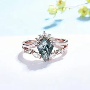 Natural Moss Agate Gemstone Genuine 925 Sterling Silver Ring for Women Kite Cut Women’s Ring Set for Engagement Silver 925 Jewelry