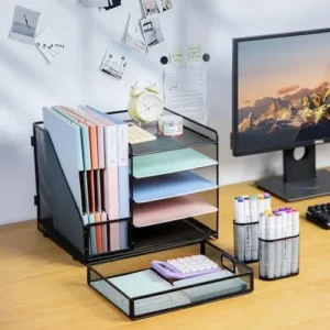 NCXTKJ Desk Organizer with File Holders, 5-Tier Letter Tray Paper Organizer with Drawer and Pen Holder, Mesh Desktop File Organizer and Storage for Office School Supplies (Black)