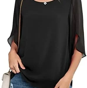 Neineiwu Womens Casual Scoop Neck Loose Top 3/4 Sleeve Chiffon Blouse Shirt Tops