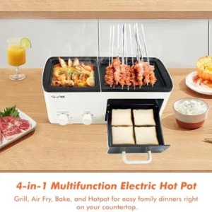 Newest 4 in 1 Breakfast Maker Station With Grill, Toast Drawer and Frying Basket, Removable Nonstick Plates, Independent Dual Temperature Control, Essential for Breakfast Burgers Eggs, Off white