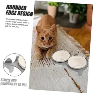 NOLITOY 1 Set Cat Ceramic Double Bowl Cat Feeding Watering Supplies Cat Dishes Lovely Cat Bowl Dog Feeder Bowl Indoor Cat Supply Pet Bowl with Bamboo Rack Food Bowl Cervical Spine Plastic