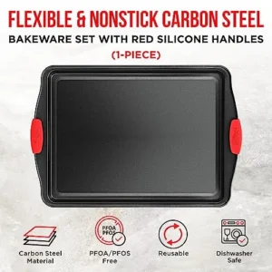 Nonstick Cookie Sheet Pan Carbon Steel Oven Tray Sheet Pan with Red Silicone Handles -large Bakeware Pan Tray with Gray Coating Inside & Outside