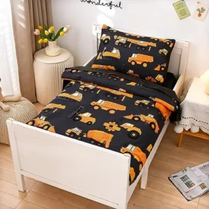 NTBED 4 Pieces Construction Toddler Bedding Set for Baby Boys, Truck Vehicles Excavator Cars Printed, Includes Comforter, Flat Sheet, Fitted Sheet and Pillowcase,Black