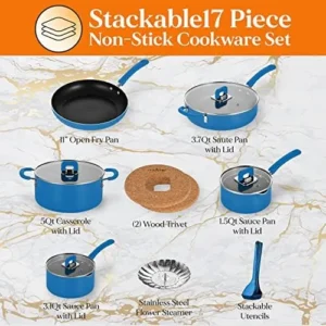 NutriChef Kitchenware Cookware, Non-Stick Pans, and Pots with foldable Knob, Space Saving, Stackable, Nylon -Tools, Induction Base, Brown (17-Piece Set), One Size