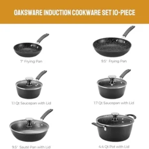 OAKSWARE Induction Cookware Set, Non-Stick Pots and Pans Set, Anti-Scald Silicone Handles, Dishwasher Safe ＆ Oven Safe, For all Recipes, Black