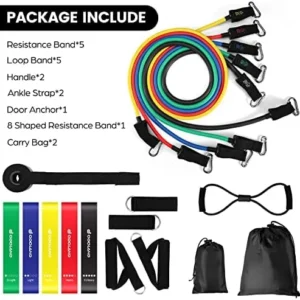 Odoland 16pcs Resistance Bands Set, Exercise Workout Bands with Handles, Resistance Loop Bands, Core Sliders, Ankle Straps, Door Anchor for Home Gym Training, Physical Therapy, Fitness