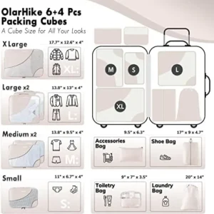 OlarHike Travel Essentials ALL INCLUDED 10 Set Durable Packing Cubes for Suitcases, UPGRADED Anti-Tear Stitching, NEW Improved Luggage Packing Organizers for Travel Accessories(Cream)