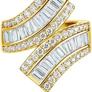 OPOMOMO 18K Gold Plated Baguette Cubic Zirconia Wide Band Cocktail Rings, Double-Band Curved Eternity Ring Unisex Adults