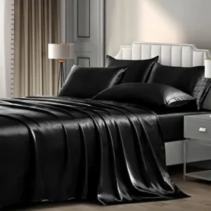 P Pothuiny 6 Pieces Queen Satin Sheets Luxury Silky Black Satin Bedding Sheet Set, 1 Deep Pocket Fitted Sheet + 1 Flat Sheet + 4 Pillow Cases