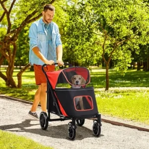 PawHut One-Click Foldable Doggy Stroller for Medium Large Dogs, Pet Stroller with Storage, Smooth Ride with Shock Absorption, Mesh Window, Safety Leash, Big Dog Walking Stroller, Red