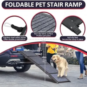 PENSUN Dog Ramp for Car, 63″ Foldable Pet Ramp with Non-Slip Rug Surface, Lightweight and Portable Truck Ramp Stairs for Medium & Large Dogs Up to 250LBS Enter Cars, SUVs & Trucks