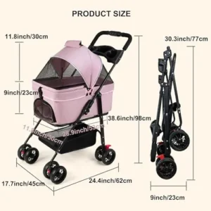 Pet Dog Stroller Foldable Detachable Dog Stroller Rotate 360° 4 Wheels Pet Carrier Trolley with Storage Basket and Cup Holder for Cats/Dogs