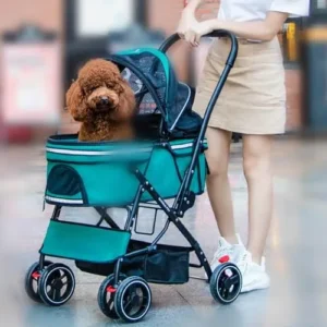 Pet Stroller 4 Wheels Dog Cat Stroller for Medium Small Dogs Cats – Folding Cat Jogger Stroller with Storage Basket & Breathable Mesh – Easy to Walk Travel Carrier,Green