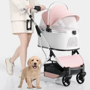 Pet Stroller Dog Stroller for Small Medium Dogs Cats with Detachable Carrier Lightweight Foldable 4-Wheel Zipperless Cat Stroller Trolley for Travel Shopping Walking,Pink